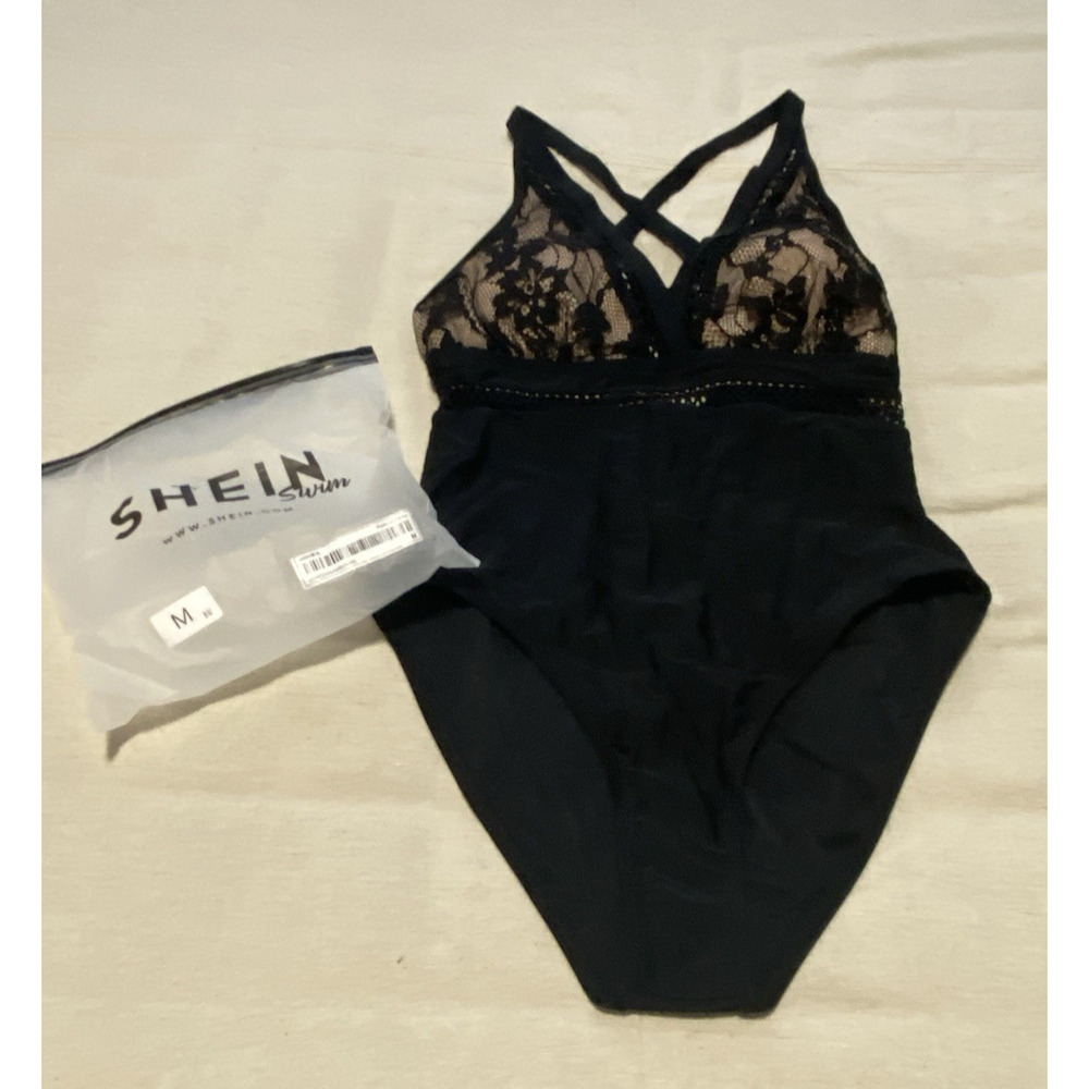 NWT Shein Black Lace Plunge One Piece Swimsuit Womens Size Medium